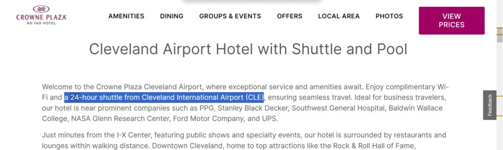 Snapshot showing IHG Notice on 24-hour shuttle service at IHG Hotel Near CLE Airport