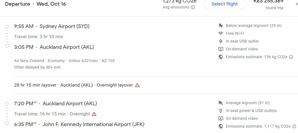 Snapshot from Google flights showing a flight with 28 hrs stopover in Auckland Airport