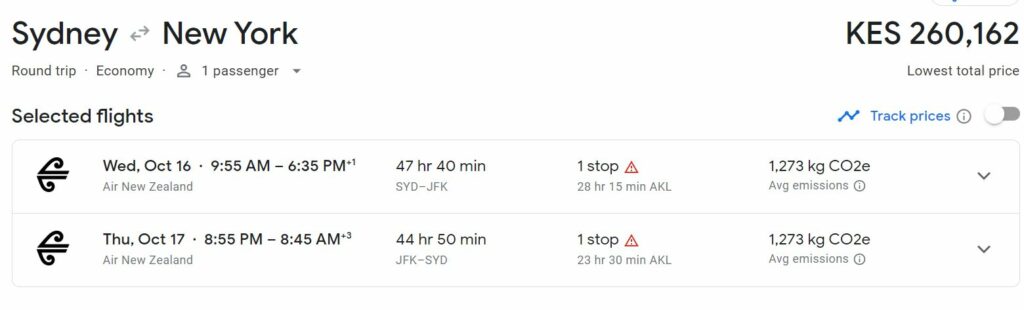 Snapshot of a return flight with a stopover when flying to JFK from SYD and a layover when flying back from JFK to SYD